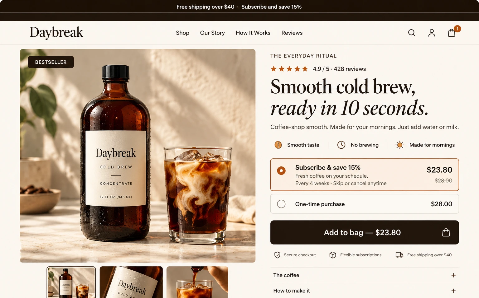 The same page with BTFLY: product photo, a clear subscribe offer and one strong button.