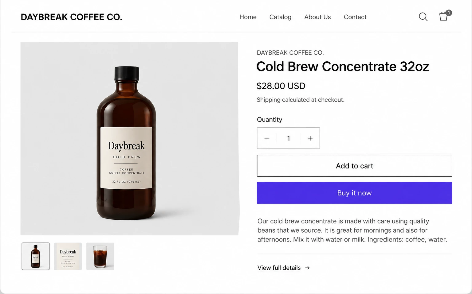 Example store product page before BTFLY: plain template with a grey bottle and a generic buy button.