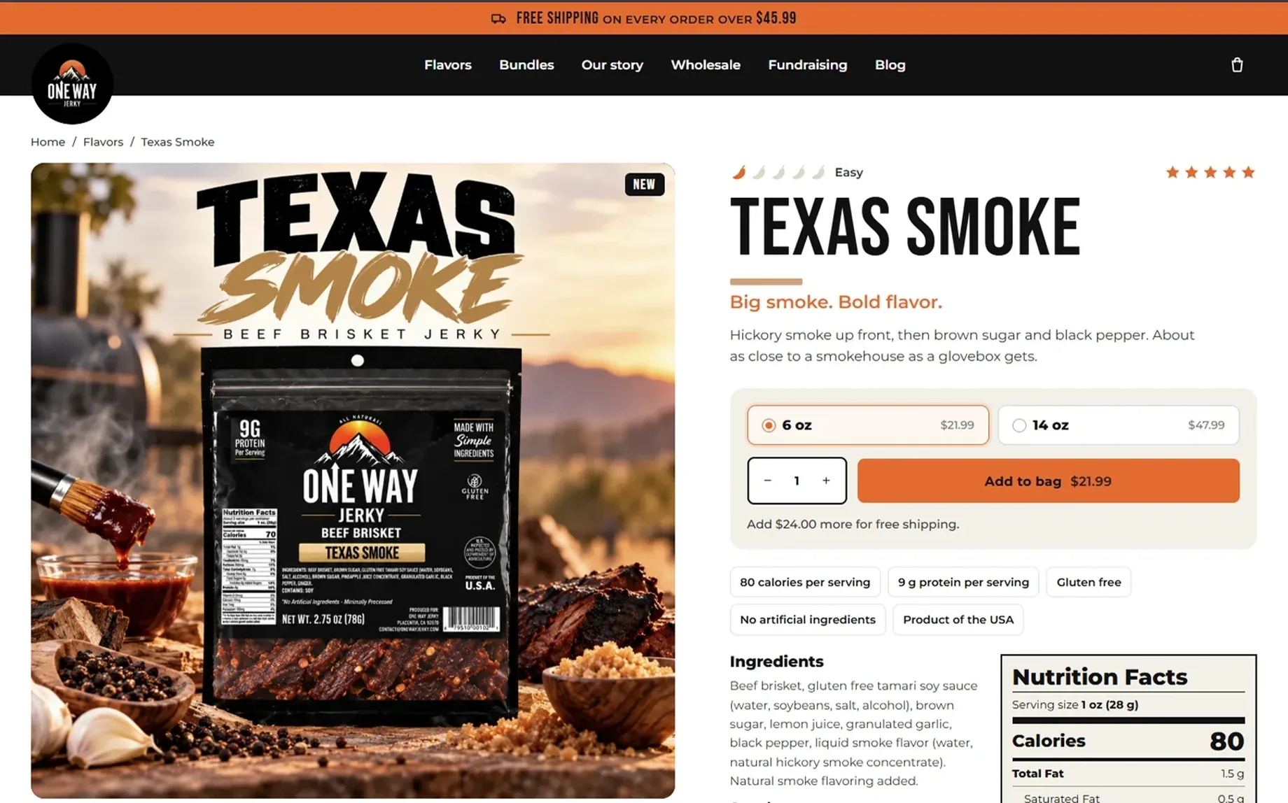 The same page with BTFLY: a bold Texas Smoke headline, a flavor promise, a heat meter and rating, size cards with prices and one clear button.
