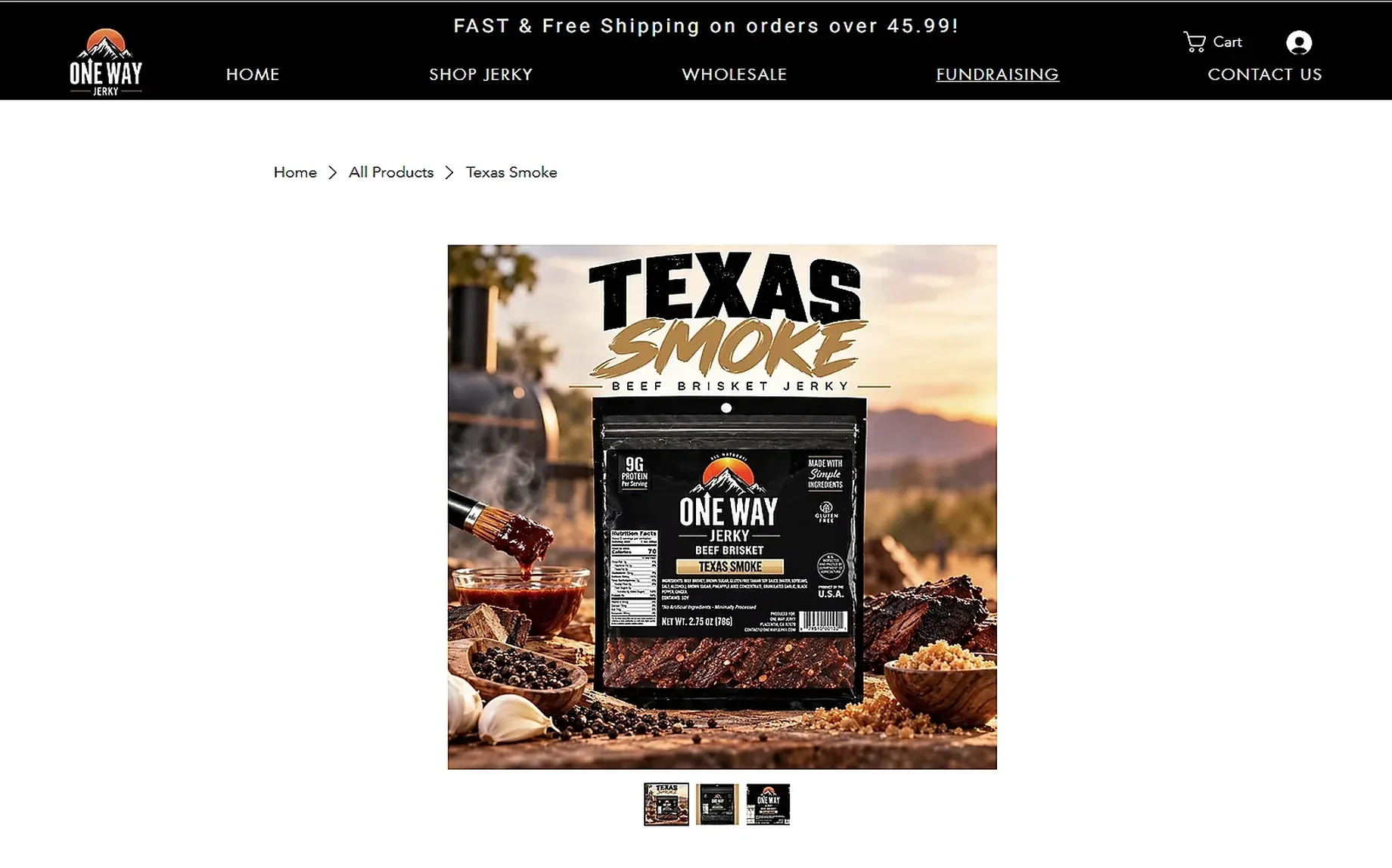 One Way Jerky's Texas Smoke page before BTFLY: a plain title and price, a size dropdown and two buttons.