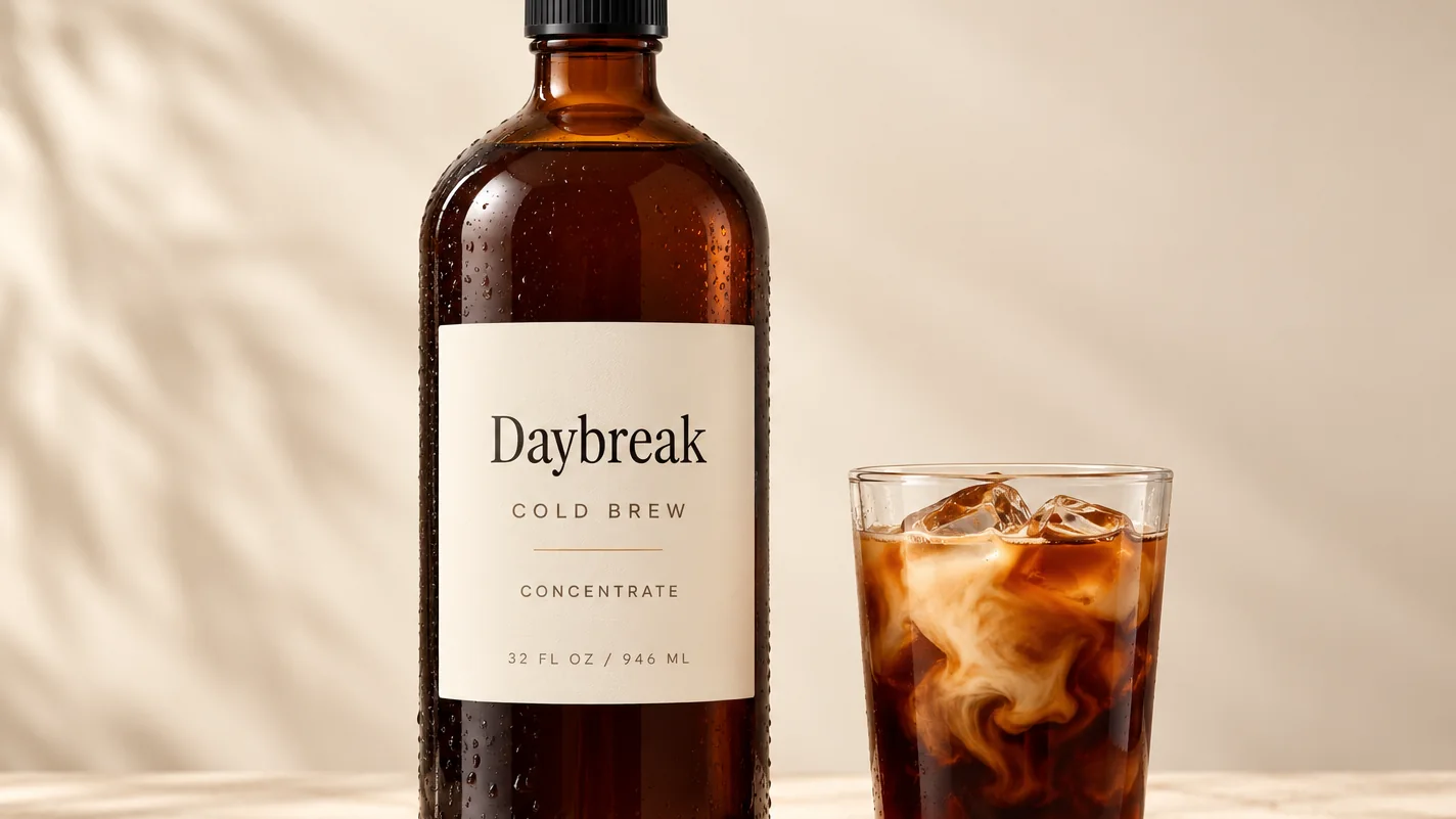 Daybreak cold brew bottle and a glass over ice, staged in warm light