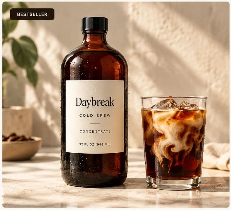 Staged photo of the bottle with a glass of iced coffee